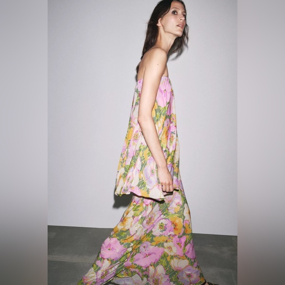 Zara Floral Strapless Maxi Dress Wedding summer evening bodycon - Picture 10 of 16